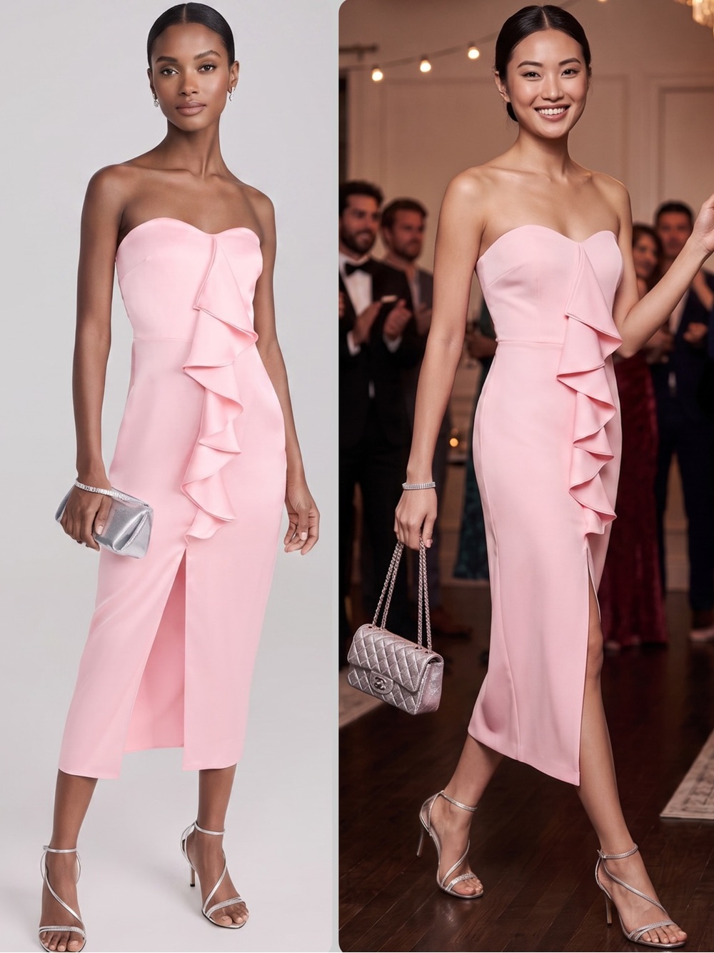 Ramy Brook Venice Strapless Silicon Grip Candy Pink Ruffle Midi Dress NWT $595